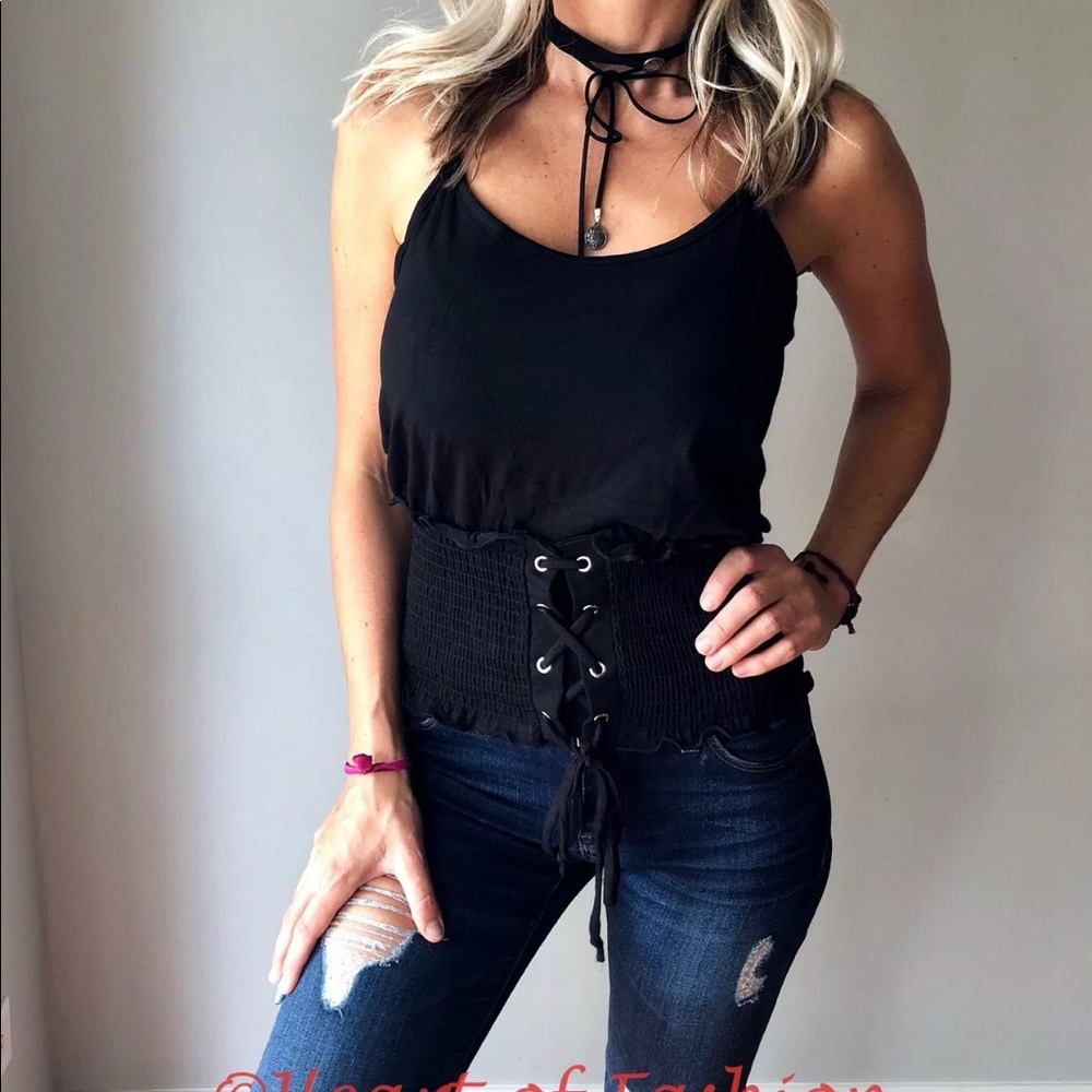 Women's Boho Black Lace Up Smocked Waist Adjustable Strap Crop Cami Tank Top